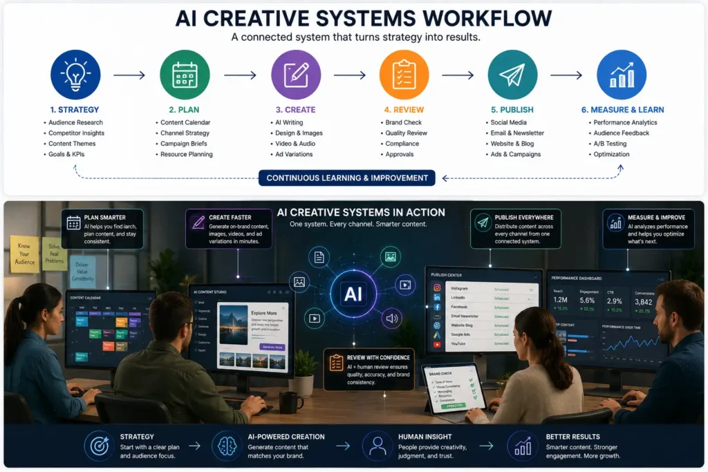 AI creative systems workflow showing strategy, content creation, review, publishing, and performance learning.