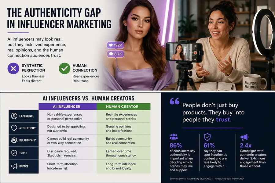 AI influencer trust equation showing authenticity, transparency, relevance, representation, and trust in creator marketing.