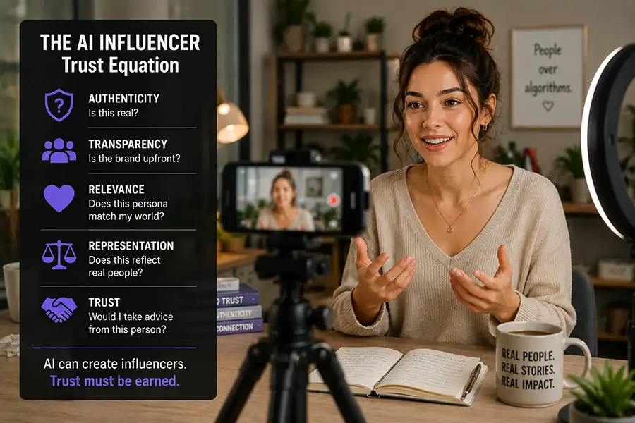 AI influencer trust equation showing authenticity, transparency, relevance, representation, and trust in creator marketing.