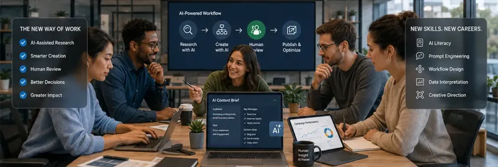 Future of work team using AI tools for human-AI collaboration, creative strategy, workflow design, and digital marketing.