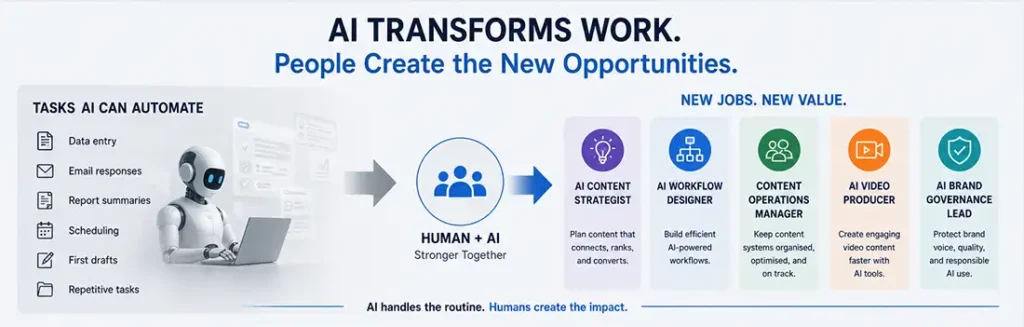 AI job transformation workflow showing routine tasks automated and new roles created in strategy, content, operations, and creative work.