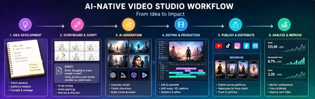 AI-native video studios workflow showing idea development, storyboarding, AI generation, editing, publishing, and repurposing.