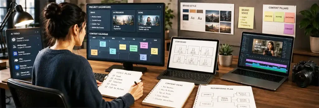 Creator using AI video tools to plan branded stories, social videos, product demos, and content campaigns.