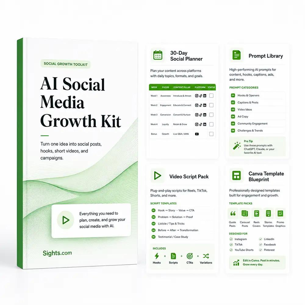 AI Social Media Growth Kit featured image showing social content planning, captions, hooks, short-form videos, content calendar, and campaign workflow.