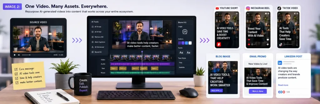AI video creation workflow repurposing one video into many content assets
