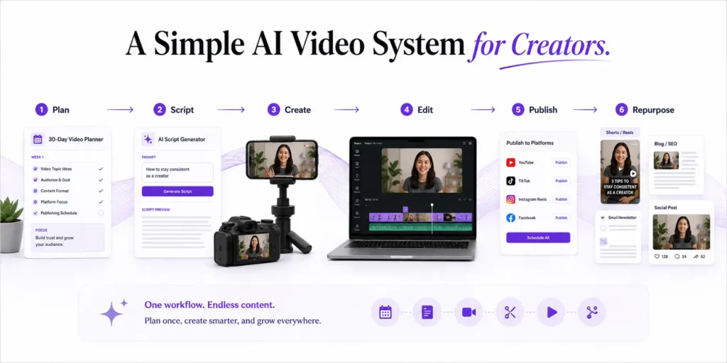 AI video marketing workflow showing planning, scripting, filming, editing, publishing, and repurposing video content.