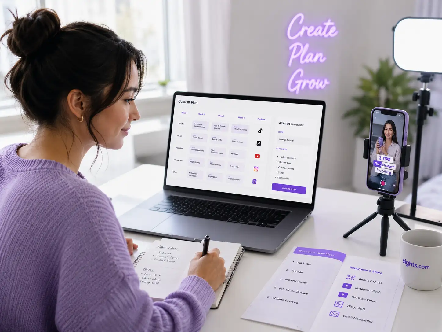 Creator using AI video marketing templates to plan short-form videos, product demos, tutorials, and affiliate content.