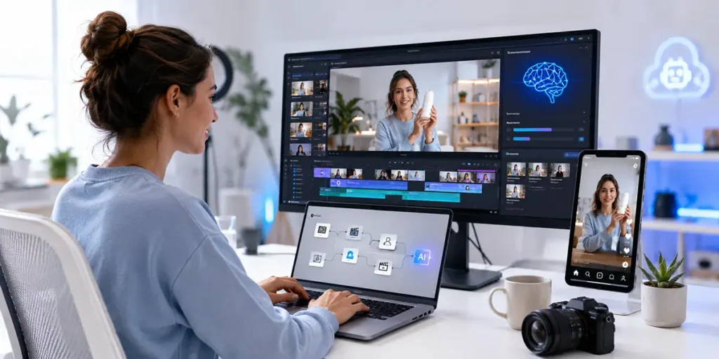 AI video marketing workflow for creators showing planning, scripting, editing, publishing, and performance review.