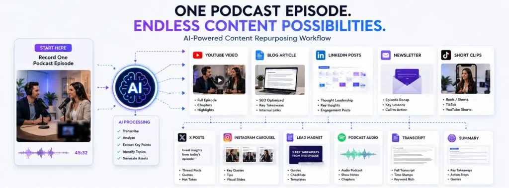 AI Video Podcasts content repurposing workflow turning one podcast episode into blog articles, YouTube videos, newsletters, social media posts, and digital marketing assets