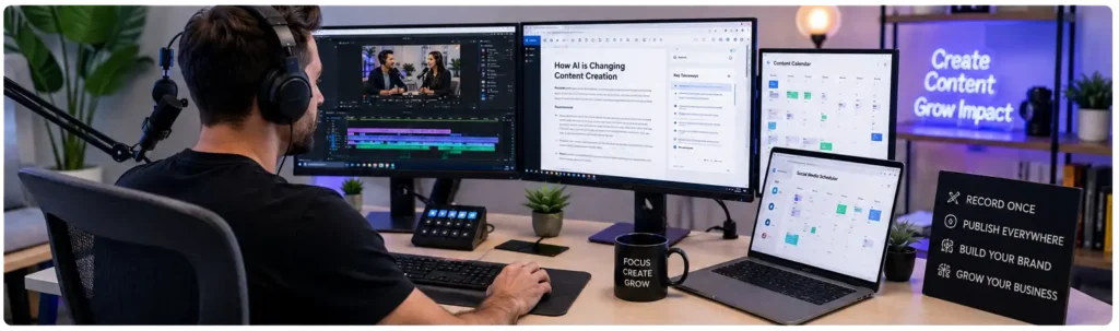 AI Video Podcasts creator business system showing a solo entrepreneur using AI tools to produce videos, articles, newsletters, and social media content from a modern studio
