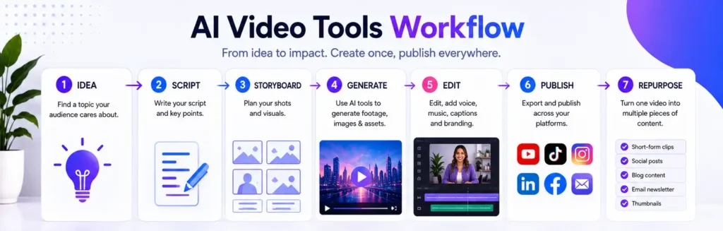 AI video tools workflow showing idea, script, storyboard, generate, edit, publish, and repurpose steps.