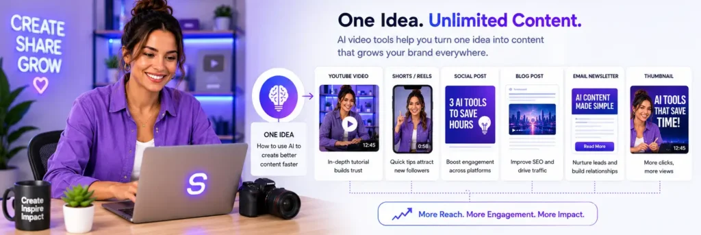 Creator using AI video tools to turn one idea into short-form videos, social posts, product demos, and brand campaigns.