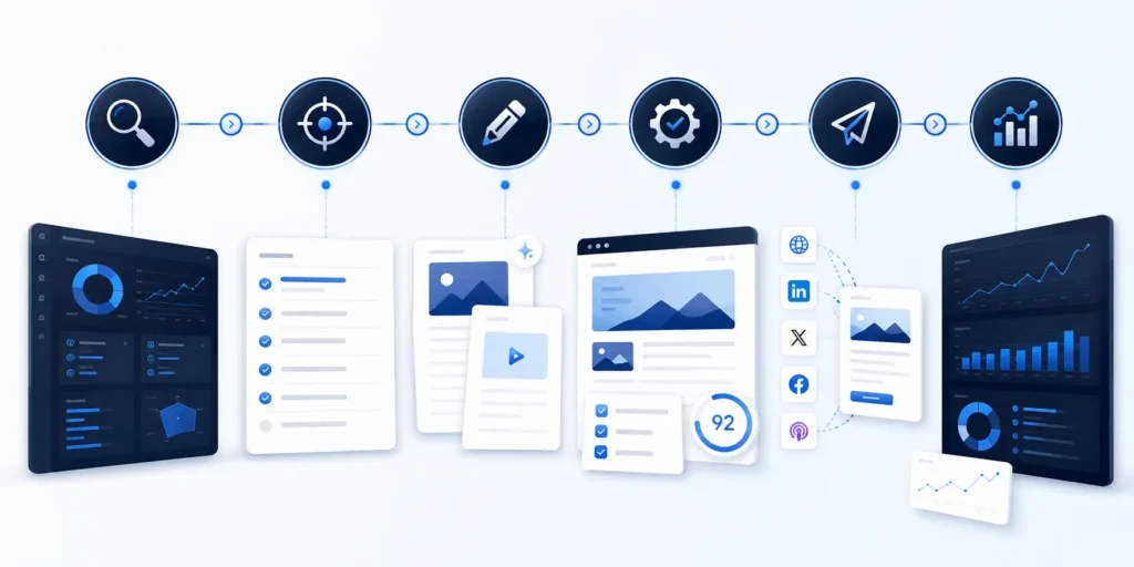 AI visibility workflow showing audit, clarify, create, optimize, distribute, and track steps for improving content and search readiness.