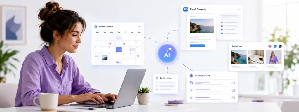 AI marketing workflow for solo creators showing content planning, email drafts, social posts, follow-ups, and review.