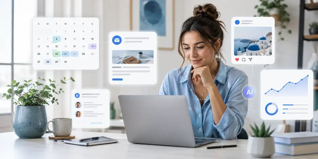 Small business owner using AI marketing tools to improve brand voice, client outreach, and content consistency.