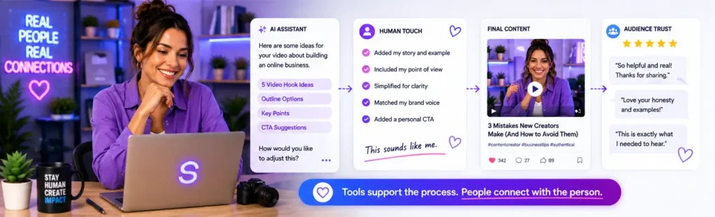 Creator using AI tools while keeping human voice, brand personality, storytelling, and audience trust at the center.
