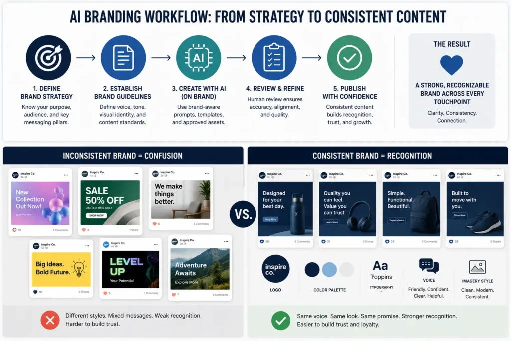 AI branding workflow showing brand voice, visual standards, content review, and digital marketing consistency.