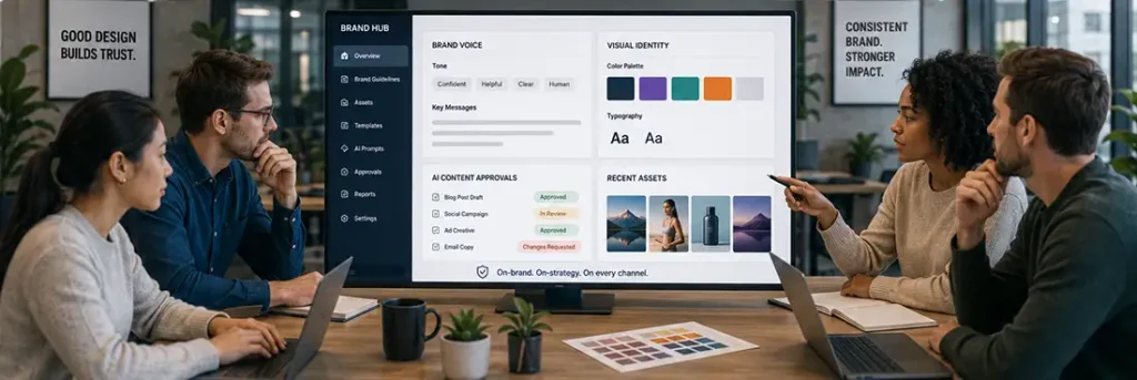 Creative team using AI brand governance tools to manage design consistency and marketing compliance.