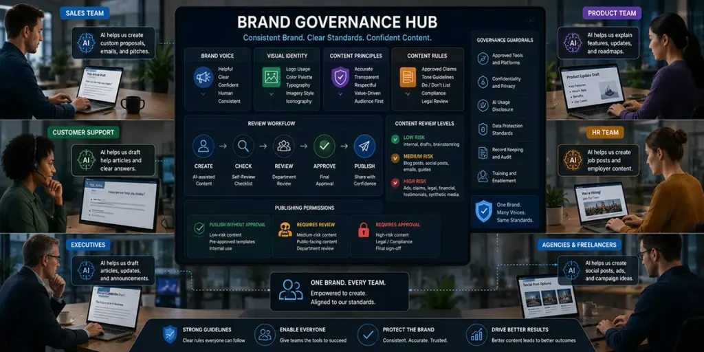 Company teams using AI content creation tools with brand governance guardrails for consistency and trust.