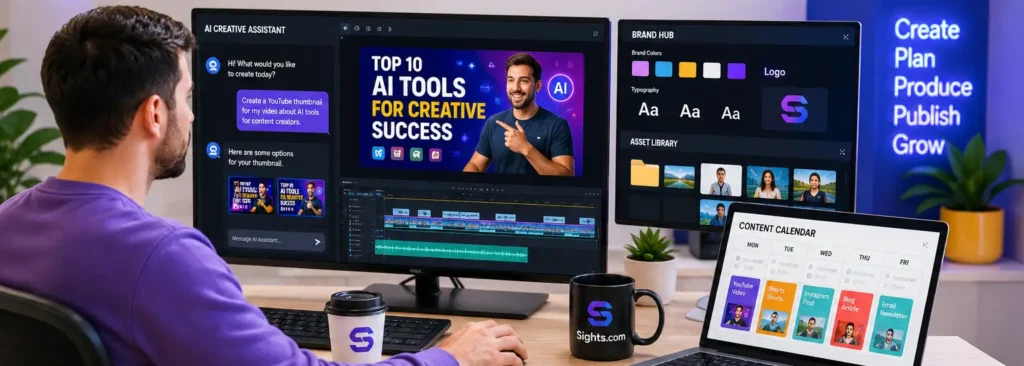 Creator using AI tools to manage design assets, video edits, brand guidelines, and content production tasks.