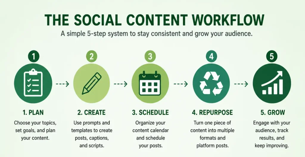 Social media content workflow showing plan, create, schedule, repurpose, and grow steps for consistent content and audience growth.