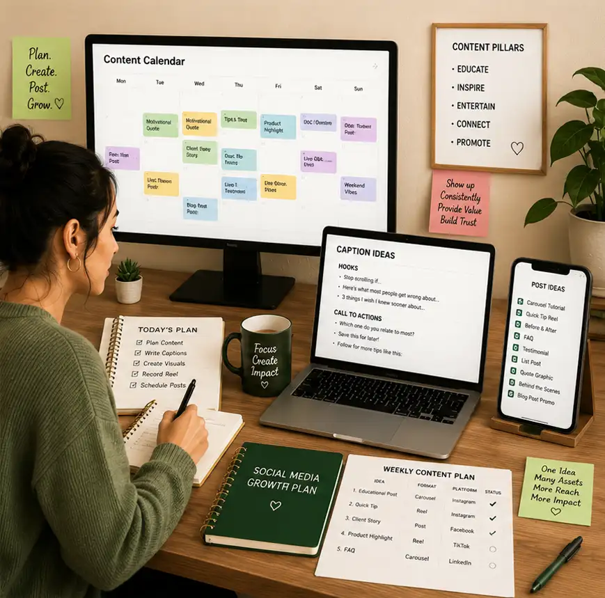 Creator planning social media content with AI prompts, content calendar, captions, hooks, short-form video scripts, and monthly social media strategy.