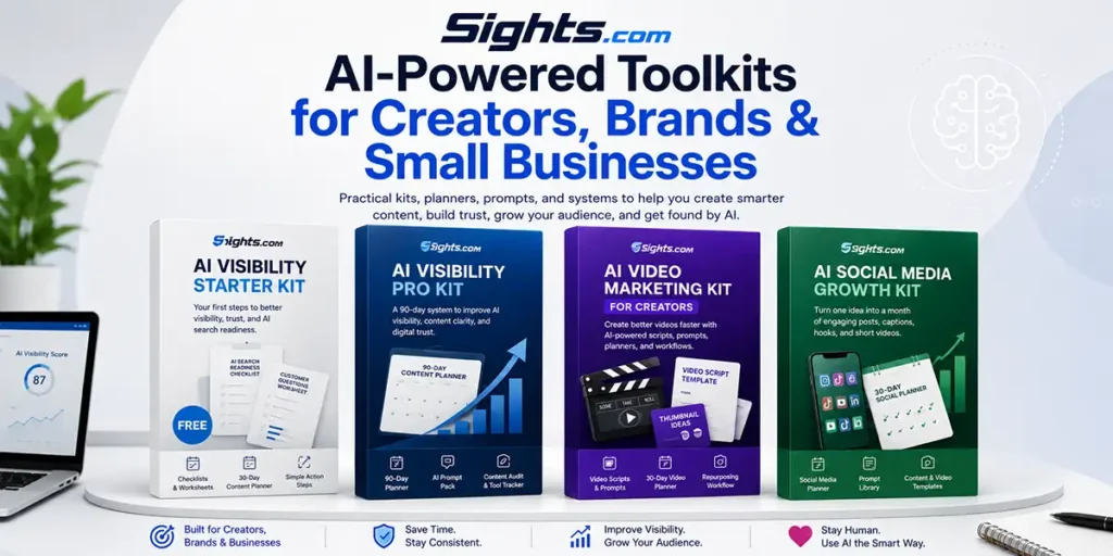 Sights.com product lineup showing AI visibility, video marketing, and social media growth toolkits for creators and small businesses.