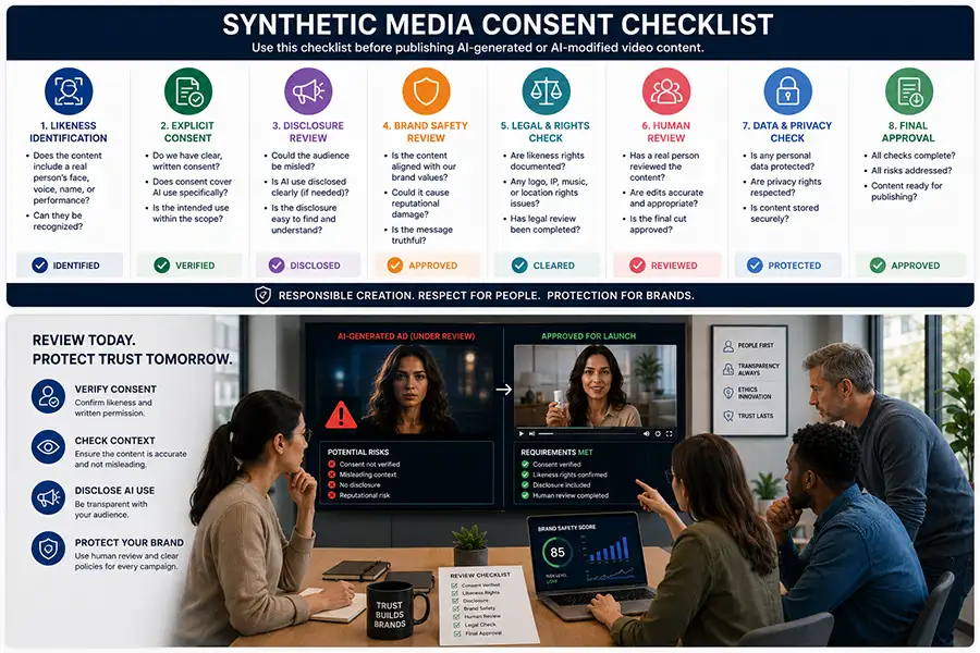 Synthetic media consent checklist for AI video ads showing likeness rights, disclosure, creator approval, and brand safety review.
