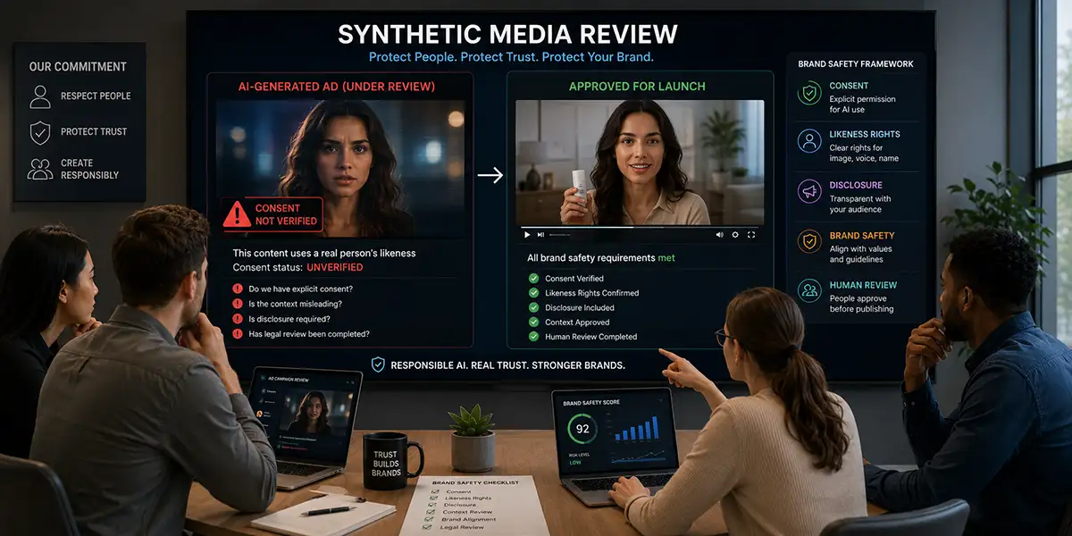 Synthetic media brand safety review showing AI video ads, consent checks, likeness rights, and human approval workflow.