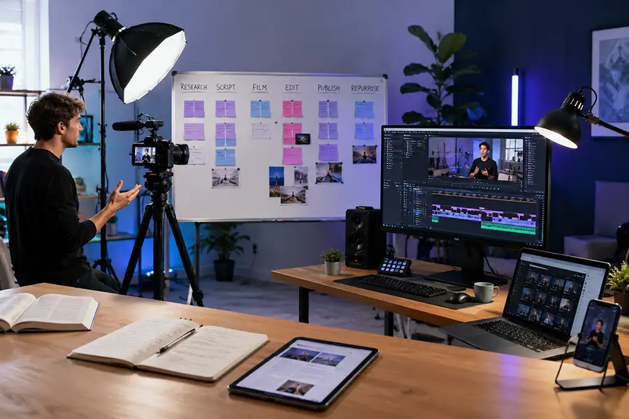 Long-form YouTube content workflow showing research, scripting, filming, editing, publishing, and repurposing into short-form clips.