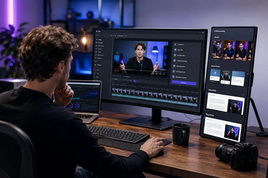 Creator using AI video tools to turn one long-form YouTube video into Shorts, social posts, newsletters, and blog content.