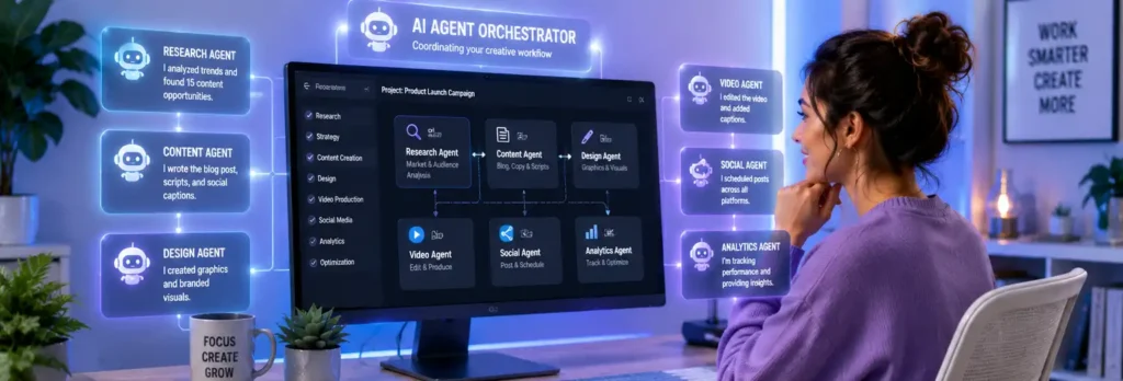 AI Agents coordinating content creation, design, video editing, and marketing workflows