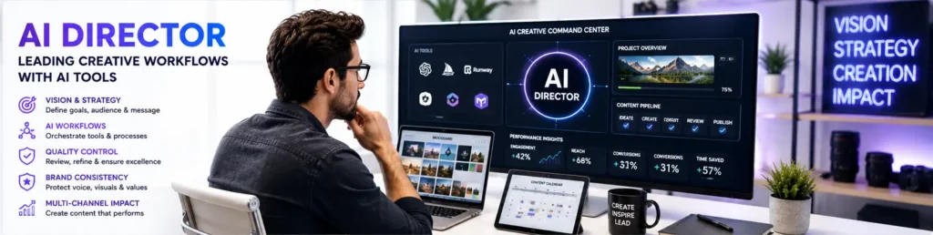 AI Director managing creative workflows and AI content creation systems in a modern studio