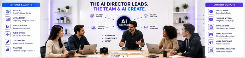 AI Director leading an AI-powered creative team producing videos, articles, social media content, and marketing campaigns