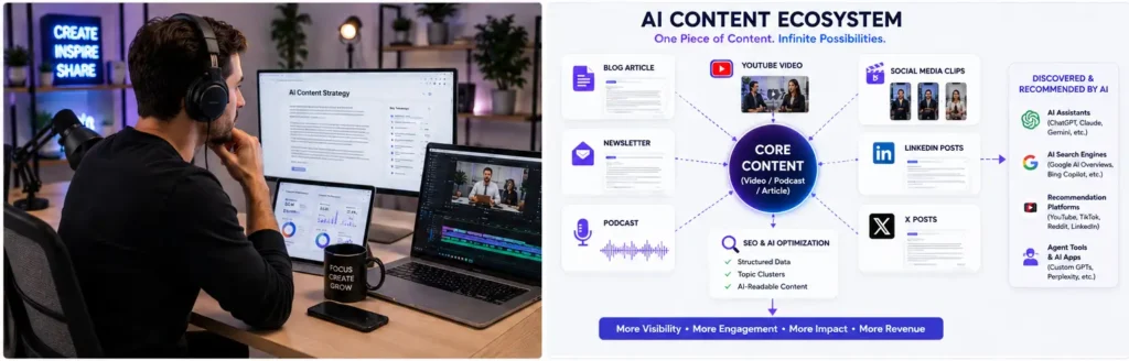 AI Optimization creator ecosystem connecting website content, podcasts, videos, newsletters, and social media for AI discovery