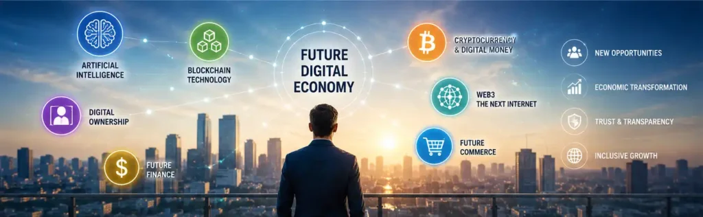 Future Digital Economy concept showing AI blockchain cryptocurrency Web3 digital ownership future finance and future commerce