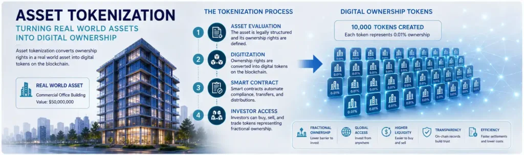 Asset tokenization converting commercial real estate into blockchain-based digital ownership tokens